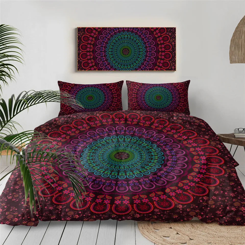 Mandala patterned bedding set with matching wall tapestry in a bedroom setting.