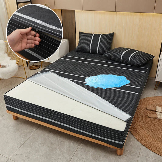 Mattress protector on a bed with a close-up of its texture and water-resistant feature.