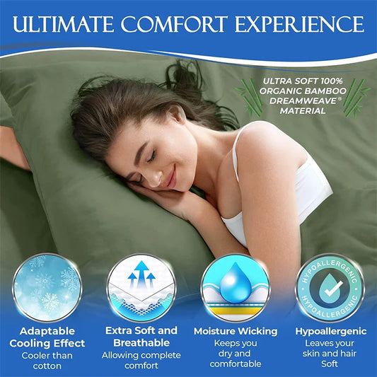 Woman sleeping on a green pillow with product features highlighted