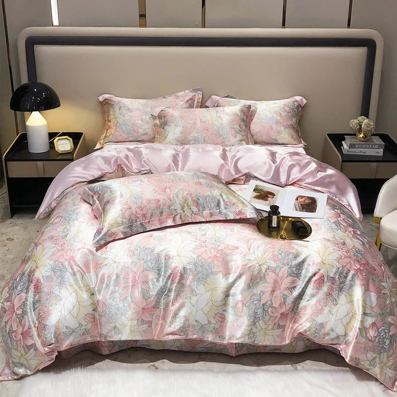 Floral patterned bedding set on a bed with nightstands and decor items.