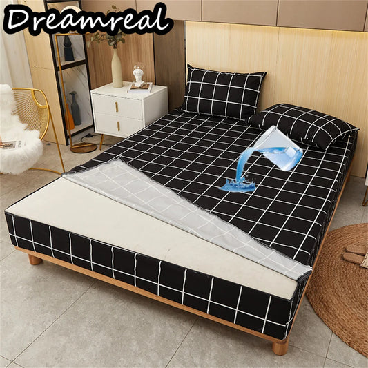 Bed with black and white checkered mattress cover in a room setting