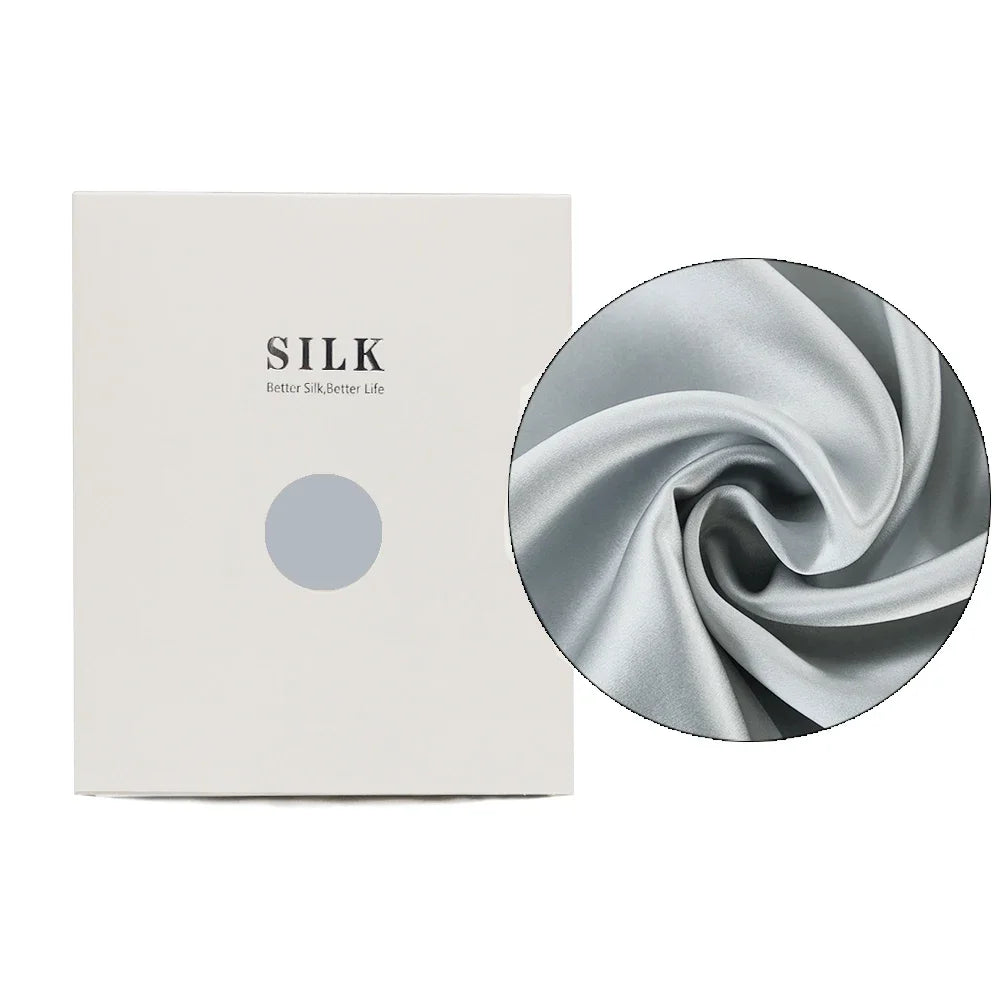 Silk product packaging with a close-up of silk fabric on a white background