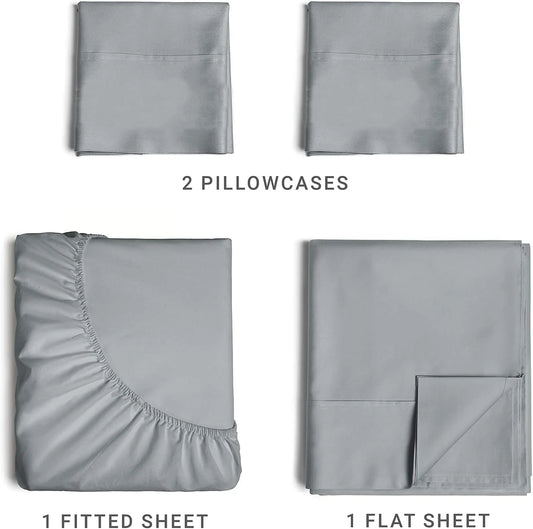 Set of gray bedding including two pillowcases, a fitted sheet, and a flat sheet on a white background.
