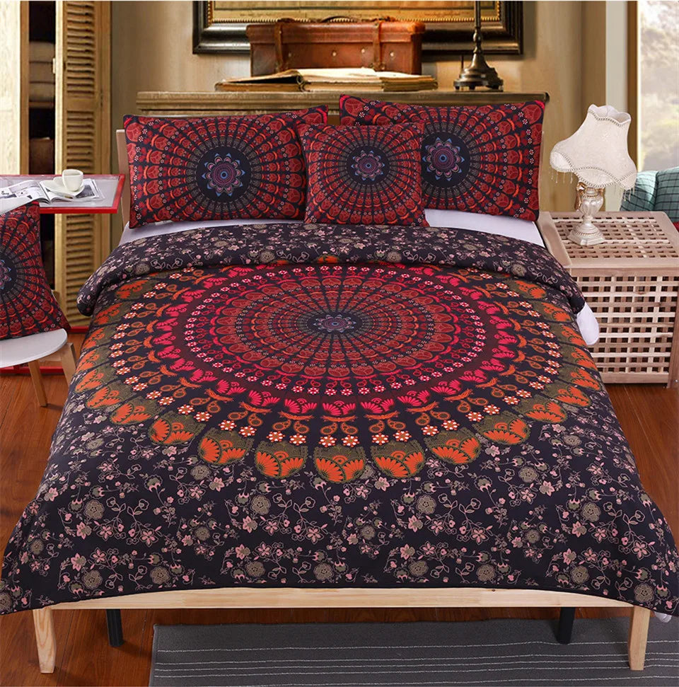Mandala patterned bedding set on a bed in a bedroom setting