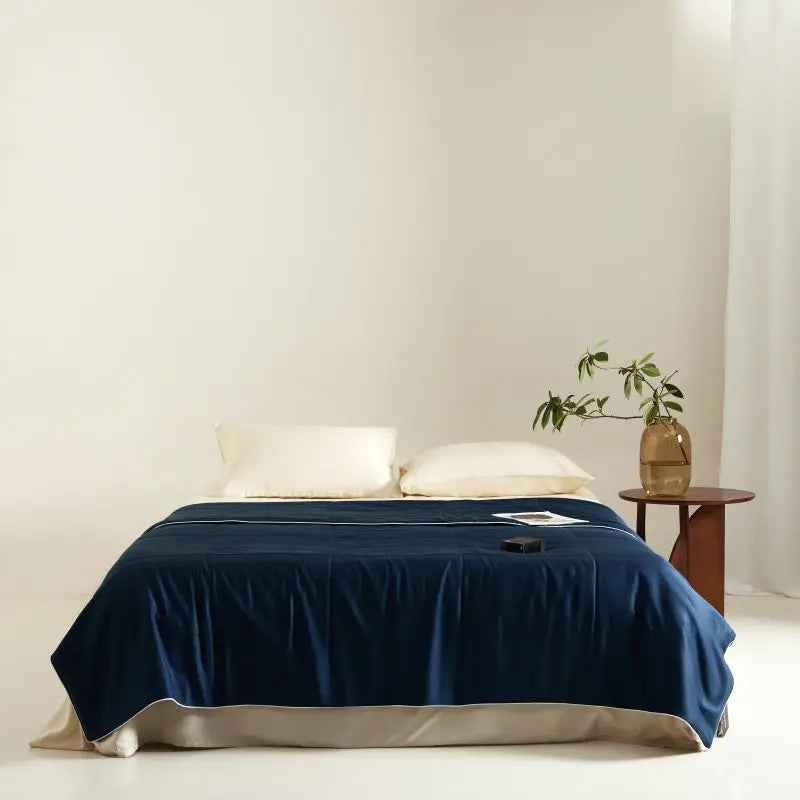 Navy blue blanket on a bed in a minimalistic room with a plant and side table.