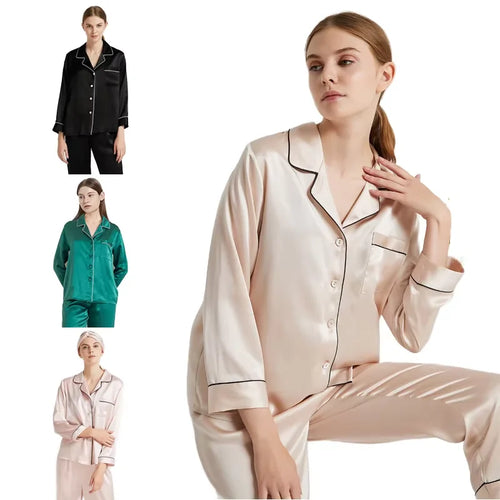 Woman wearing beige satin pajamas with a collage of other color options on a white background.