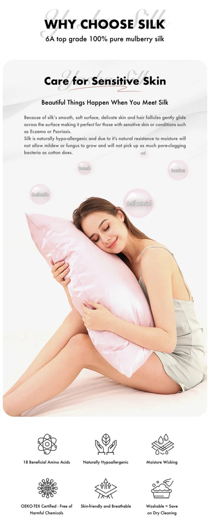 Woman holding a pink pillow with text about silk and sensitive skin care.