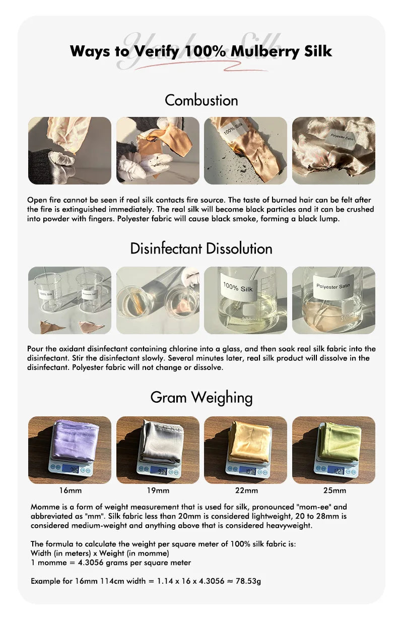 Sheet with methods to verify 100% mulberry silk including combustion, disinfectant dissolution, and gram weighing.