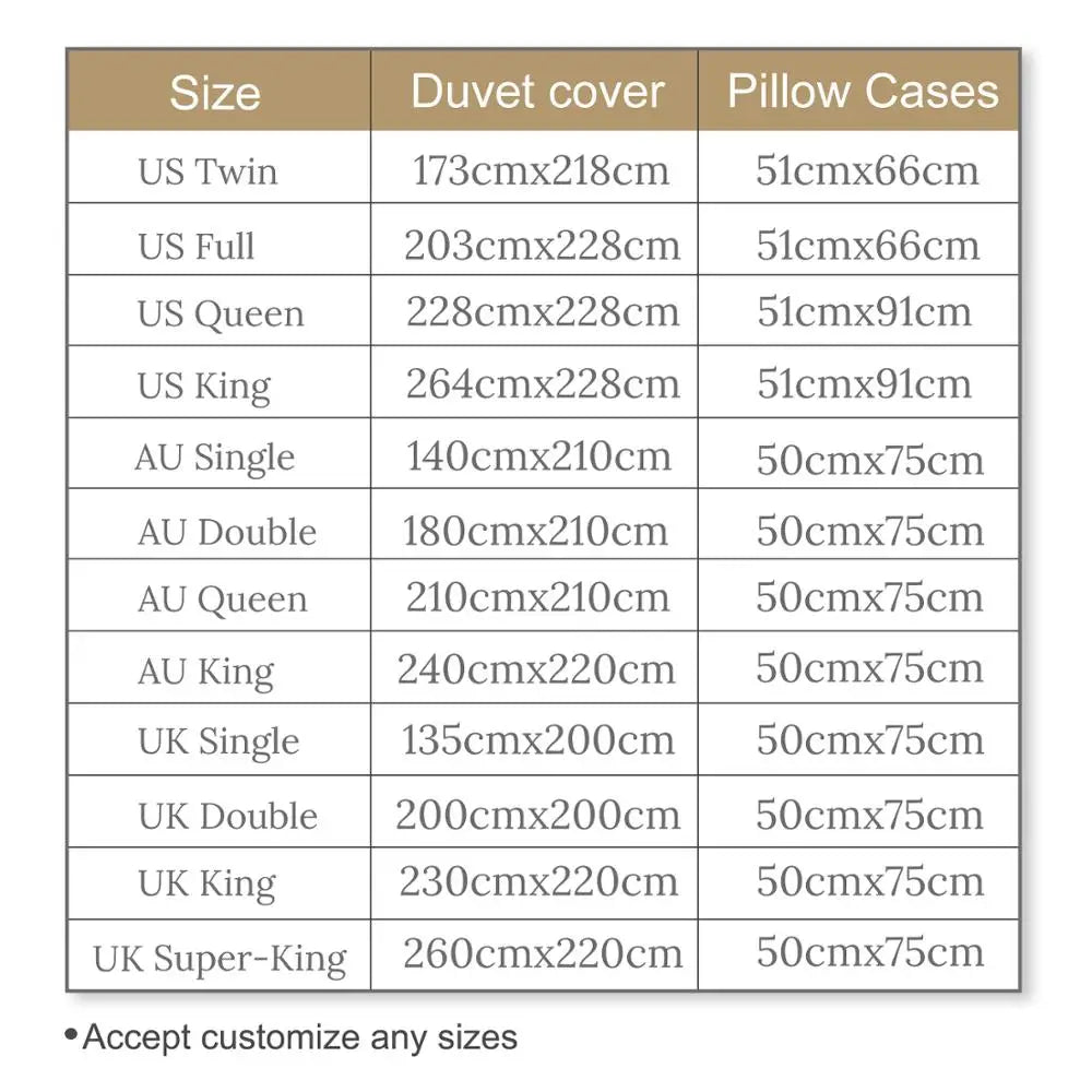 Table displaying sizes of duvet covers and pillow cases with dimensions in centimeters.