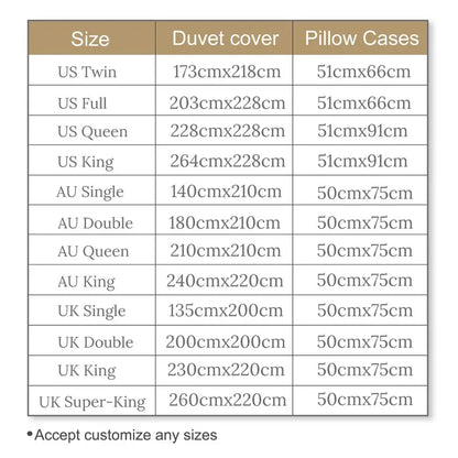 Table displaying sizes of duvet covers and pillow cases with dimensions in centimeters.