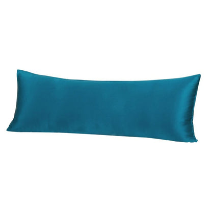Teal satin body pillow on a white background