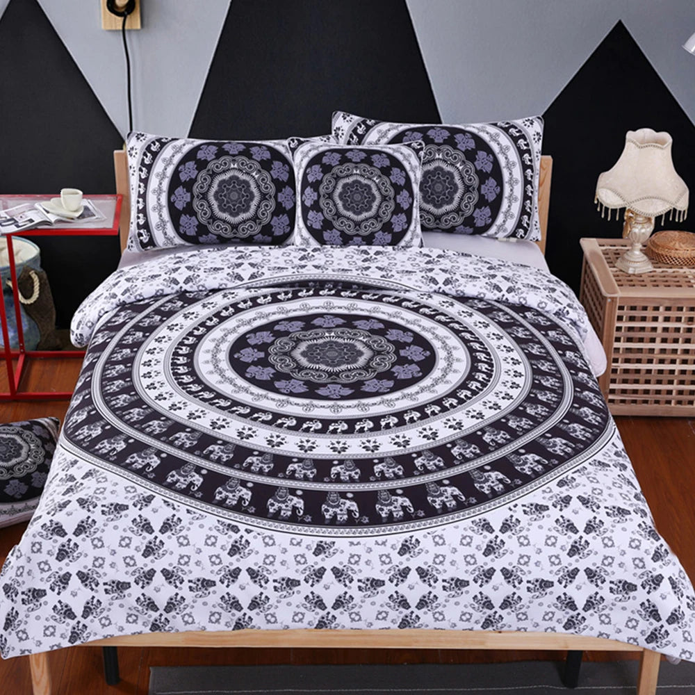 Bed with mandala patterned bedding in a room setting