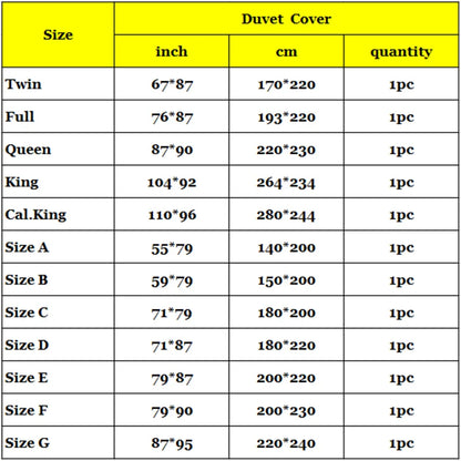 Table displaying sizes and dimensions of duvet covers with a yellow background