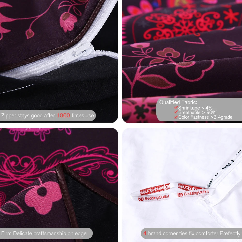 Fabric with floral patterns and brand label on a white background