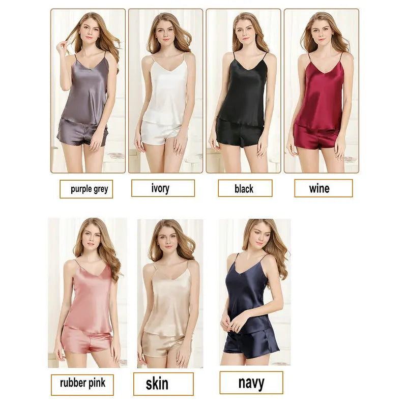 Grid of women modeling satin nightgowns in various colors with labels below each.