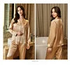 Three images of a woman in a beige outfit with a blurred background