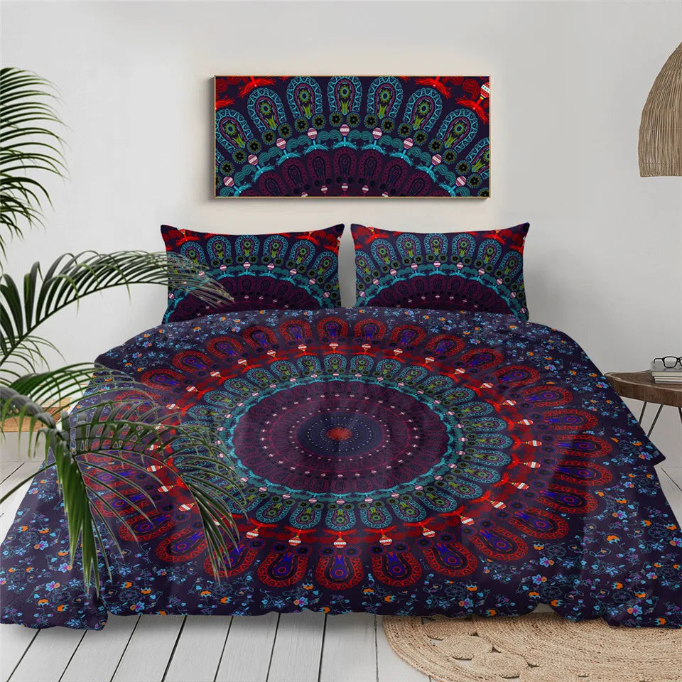 Mandala-patterned bedding set on a bed with a matching wall art piece above.