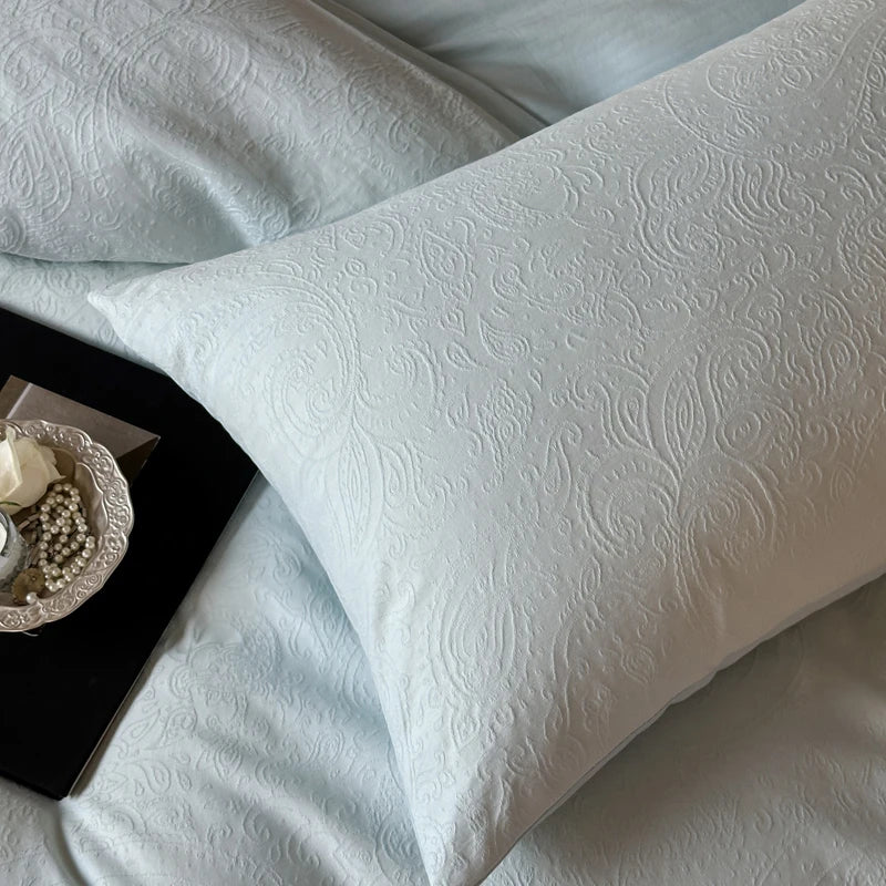 White textured pillow on a light blue bedspread with a decorative plate in the corner.