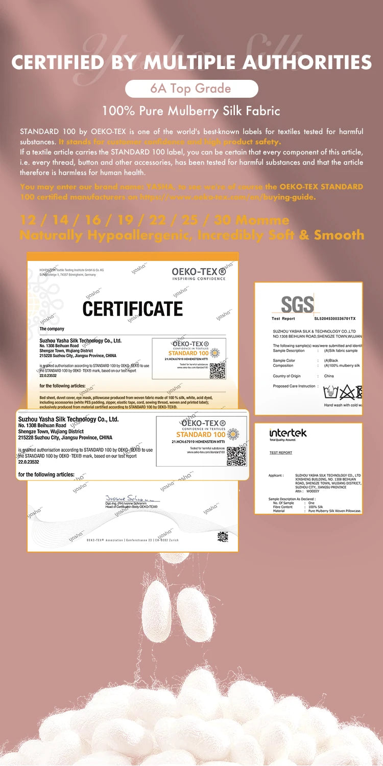 Silk fabric with certification logos and text on a pink background