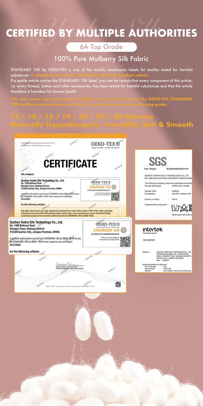 Silk fabric with certification logos and text on a pink background