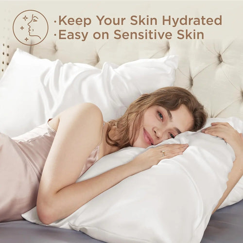 Woman lying on a bed with pillows, text about skin hydration and sensitivity.