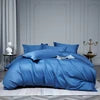 Blue comforter set on a bed with a white background
