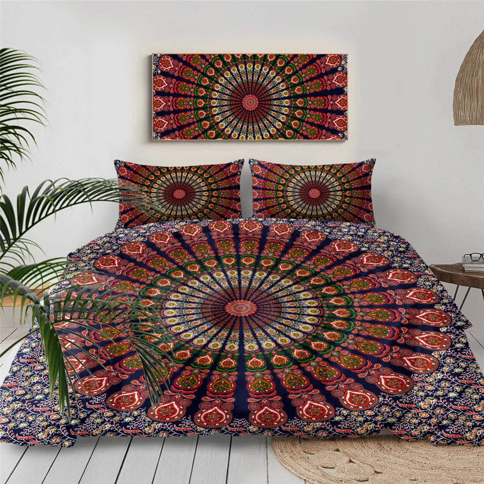 Mandala-patterned bedding set with matching wall tapestry on a white wall.