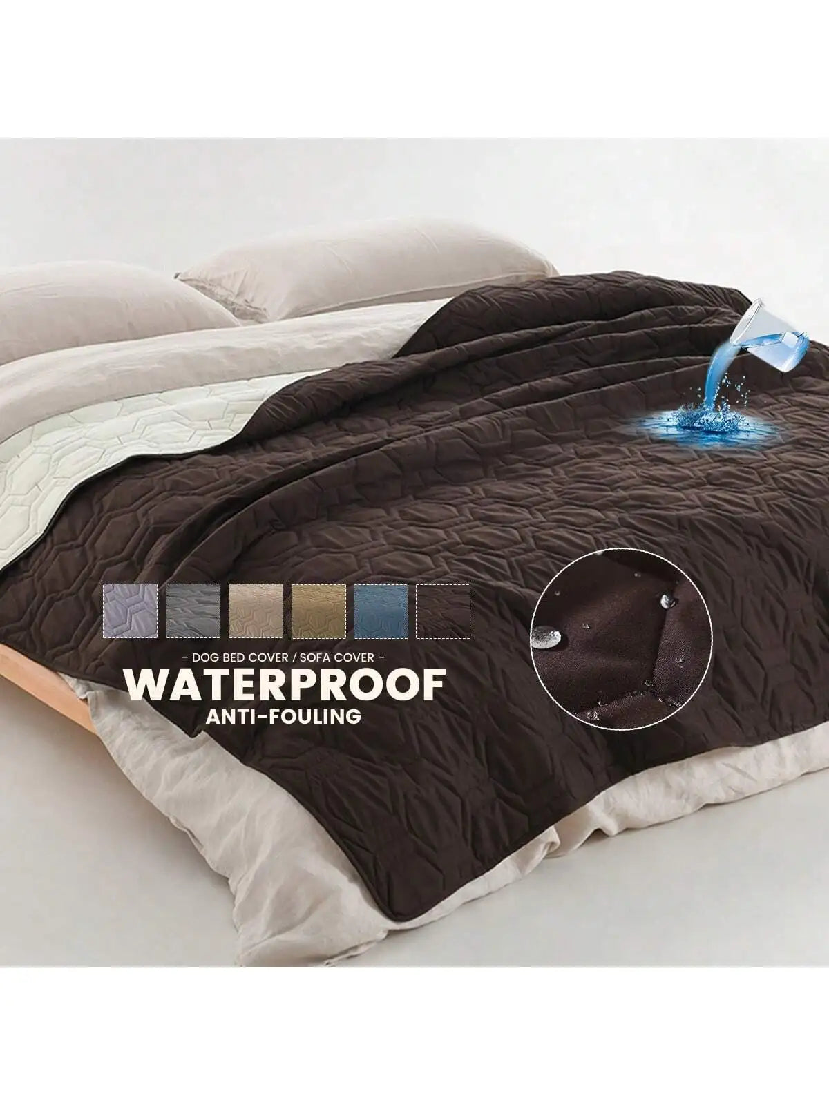 Brown waterproof dog bed cover with water droplet feature on a white background