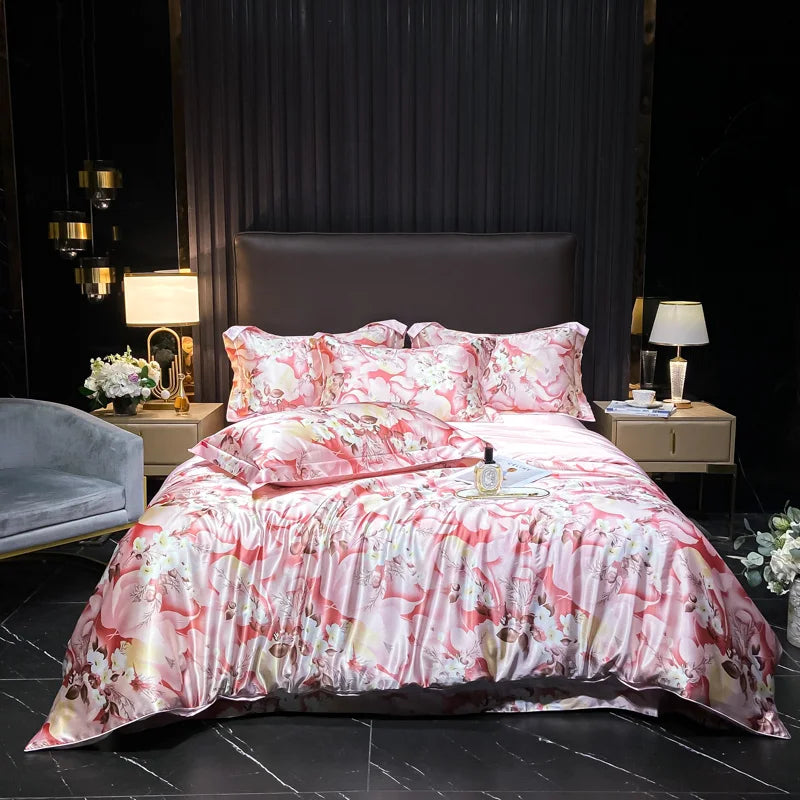 Floral bedding set on a bed in a bedroom with dark walls and decor.
