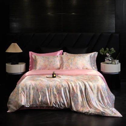 Bed with floral comforter and pink pillows in a dark bedroom setting