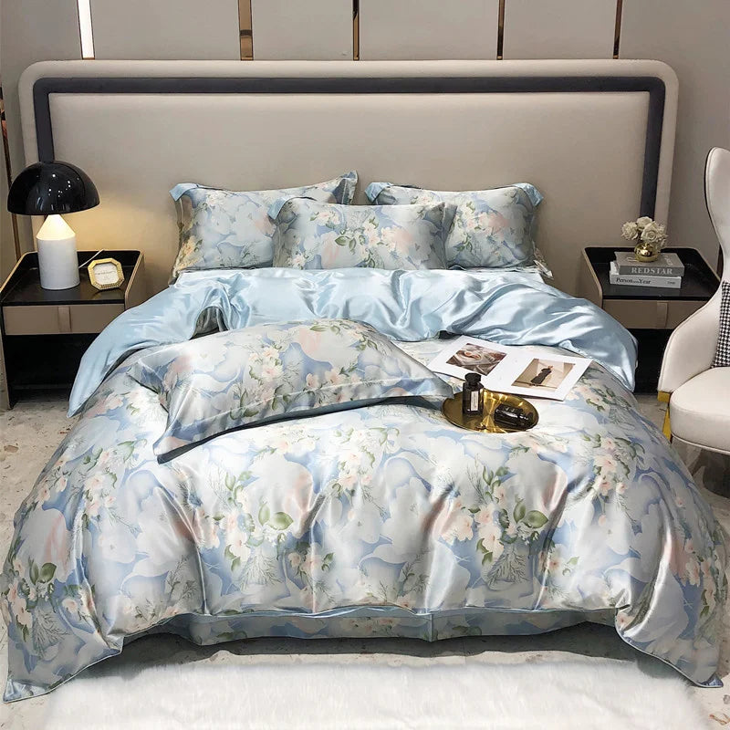 Floral patterned bedding set on a bed in a bedroom setting.