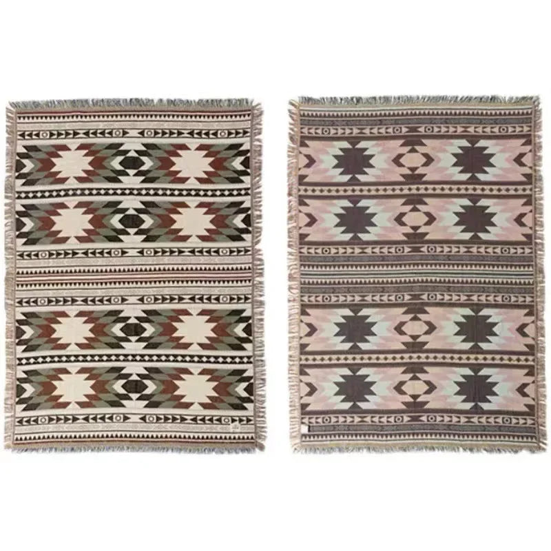 Two patterned rugs with geometric designs on a white background