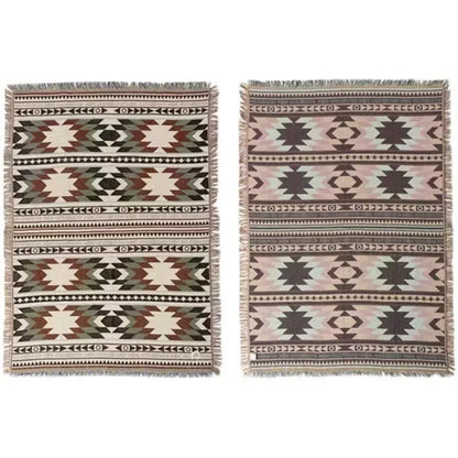 Two patterned rugs with geometric designs on a white background