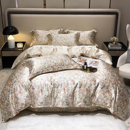 Floral patterned comforter set on a bed in a bedroom setting with nightstands and decor.
