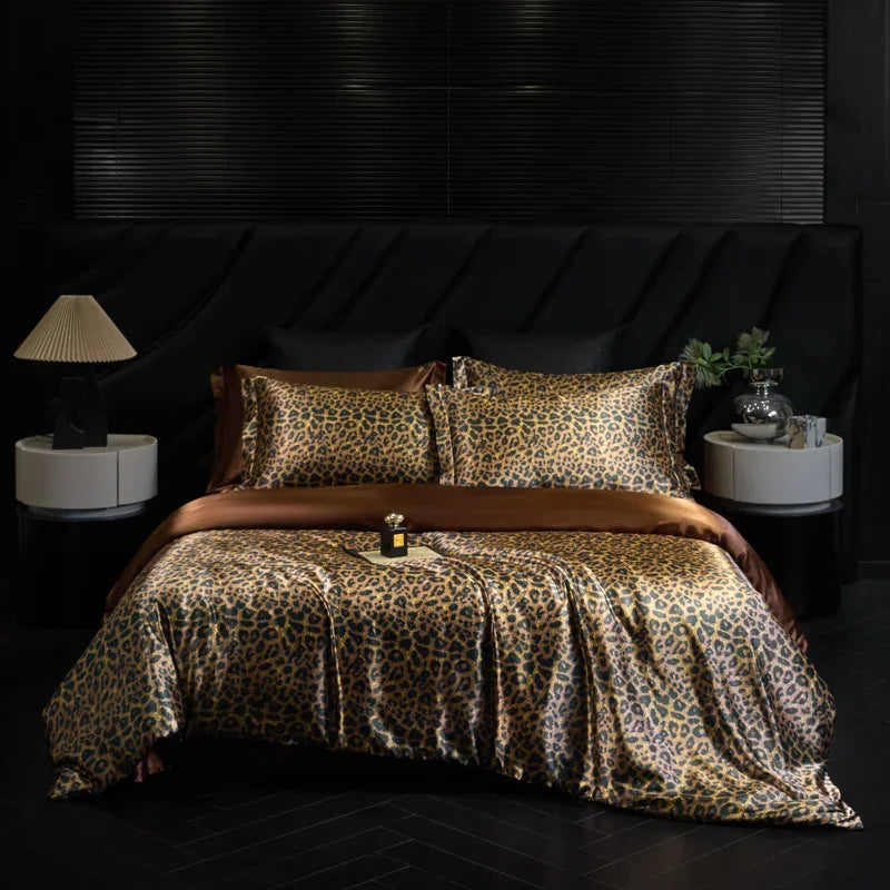 Bed with leopard print bedding in a dark bedroom setting