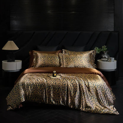 Bed with leopard print bedding in a dark bedroom setting