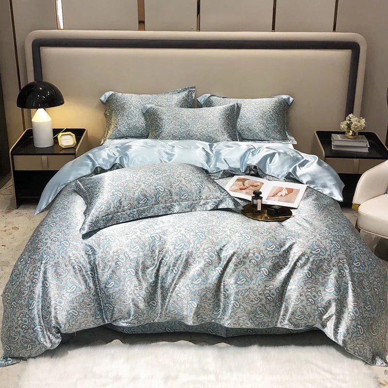 Blue Floral Bedding Set with intricate patterns on a bed in a bedroom setting.