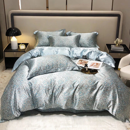 Blue Floral Bedding Set with intricate patterns on a bed in a bedroom setting.