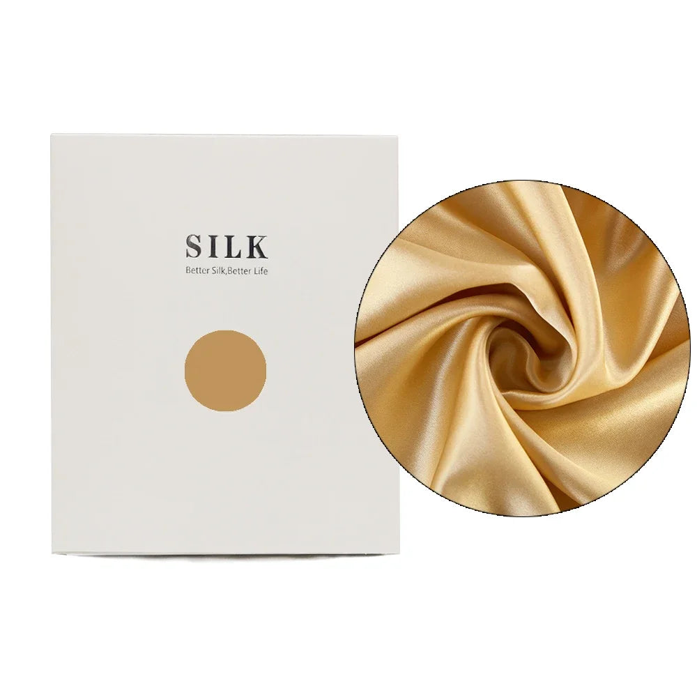 Silk product packaging with close-up of silk fabric on a white background