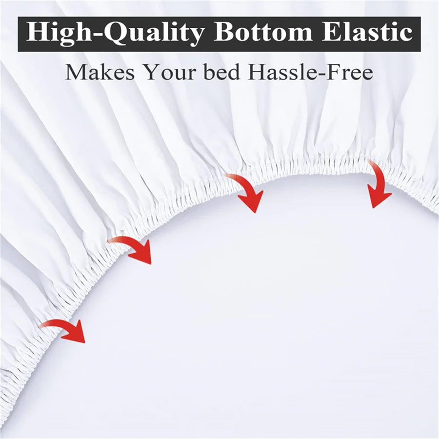 White fitted sheet with high-quality bottom elastic and text highlighting its benefits.