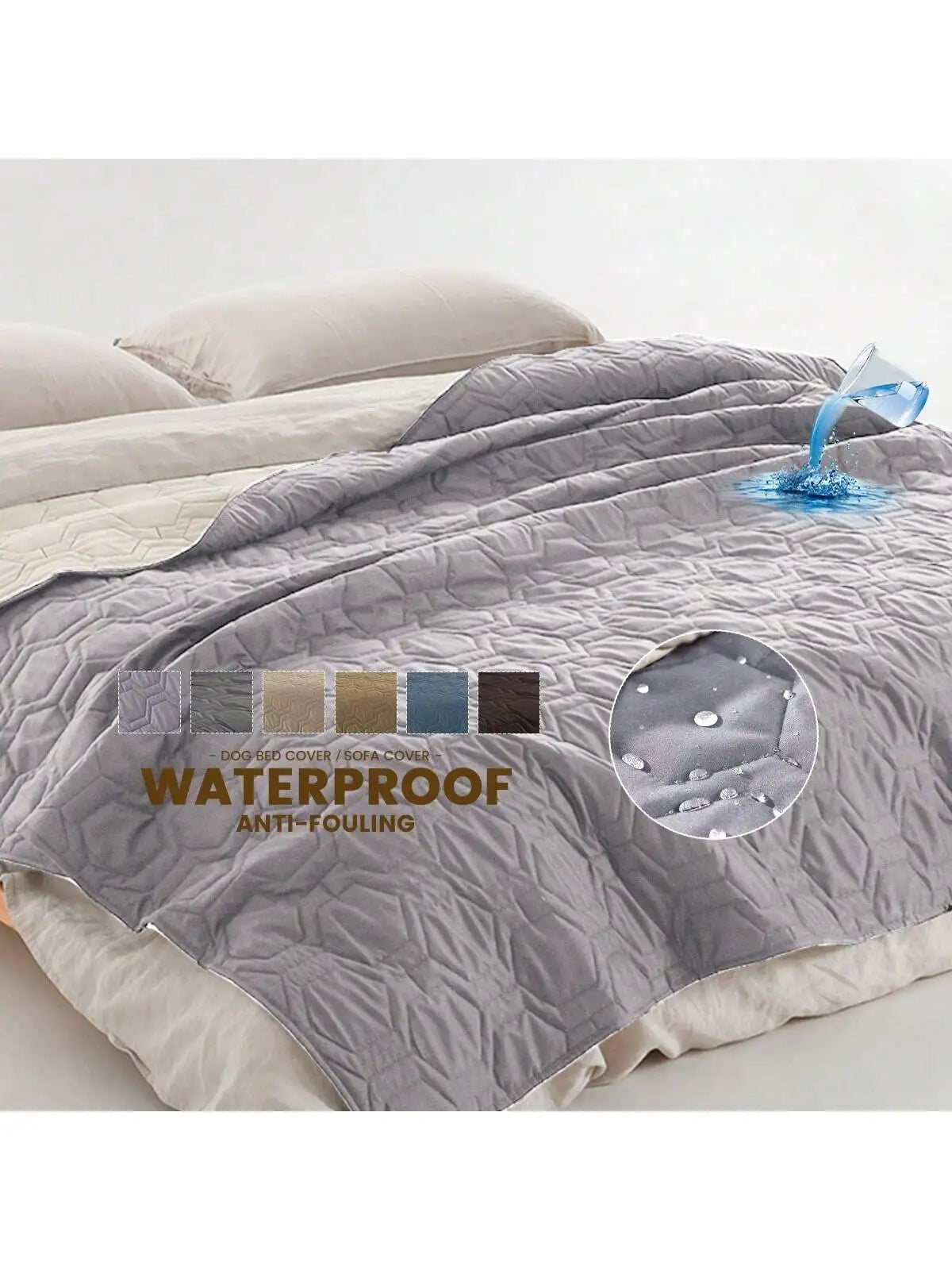 Gray waterproof blanket on a bed with water droplet demonstration