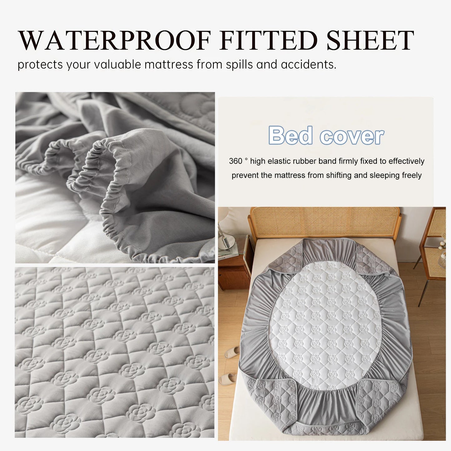 Gray waterproof fitted sheet with text explaining its features on a white background.