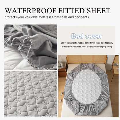 Gray waterproof fitted sheet with text explaining its features on a white background.