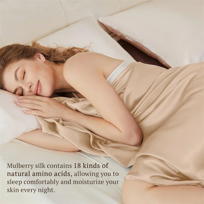 Woman sleeping in mulberry silk bedding with text about its benefits.