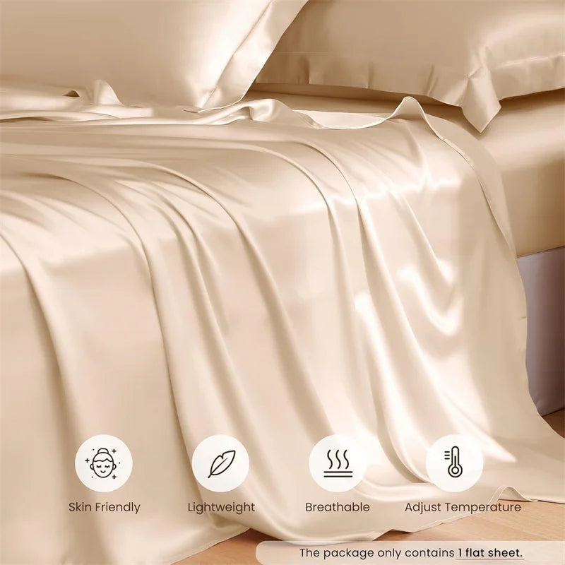 Beige satin sheet set on a bed with features highlighted.