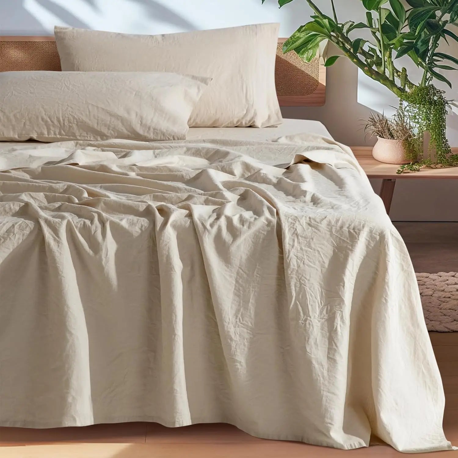 Beige bedding set on a bed with a wooden headboard and plants in the background.
