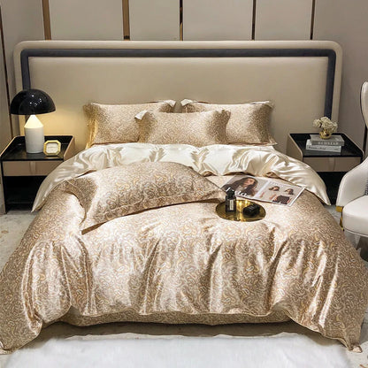 Neatly made bed with gold and beige patterned bedding in a bedroom setting.