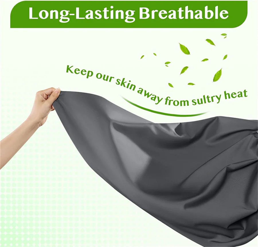 Gray fabric held by a hand with text about long-lasting breathability on a green background