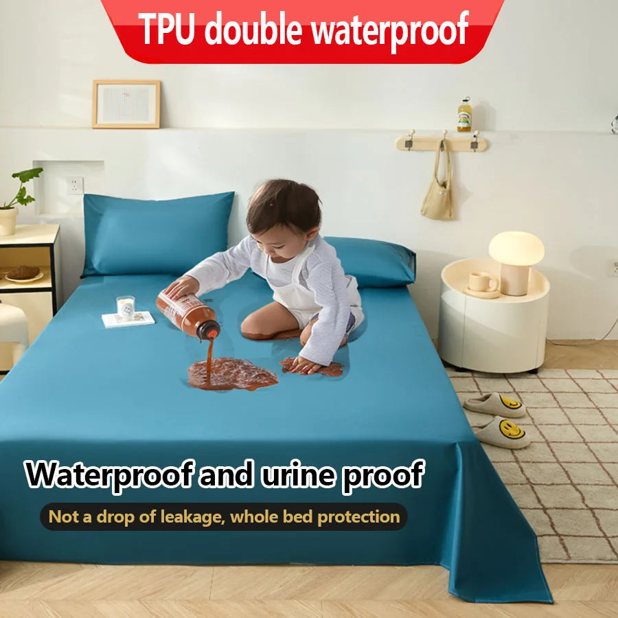 Child playing on a blue waterproof bedspread with text highlighting its features.