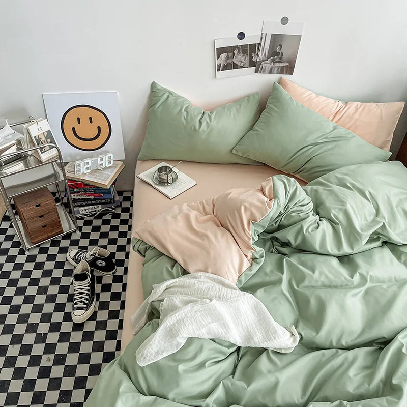 Bedroom with green bedding and a checkered floor